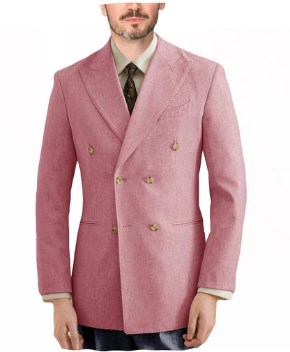 Burgundy Linen Blend Double Breasted Men's Blazer Peak Lapel Slim Fit Tailored Formal Men Suit Jacket For Wedding Groom Business