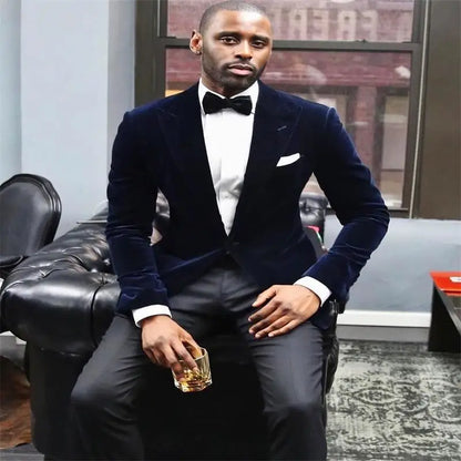 Men's Casual Velvet Blazer Peak Lapel One Button Slim Fit Dinner Jacket Elegant Suit Blazer for Wedding Banquet  Party
