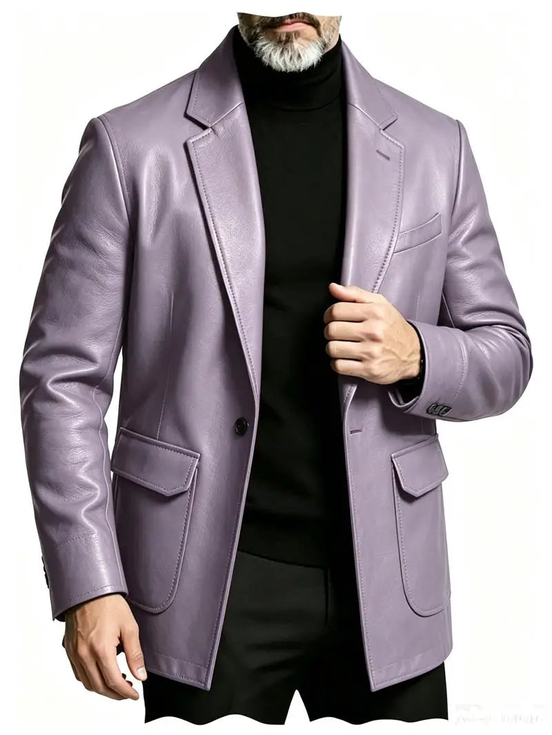 Men's PU Leather Blazer Single Breasted Slim Fit Notched Collar Suit Jacket Motorcycle Sport Coat For Formal Business Party
