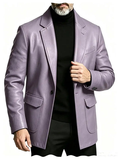 Men's PU Leather Blazer Single Breasted Slim Fit Notched Collar Suit Jacket Motorcycle Sport Coat For Formal Business Party