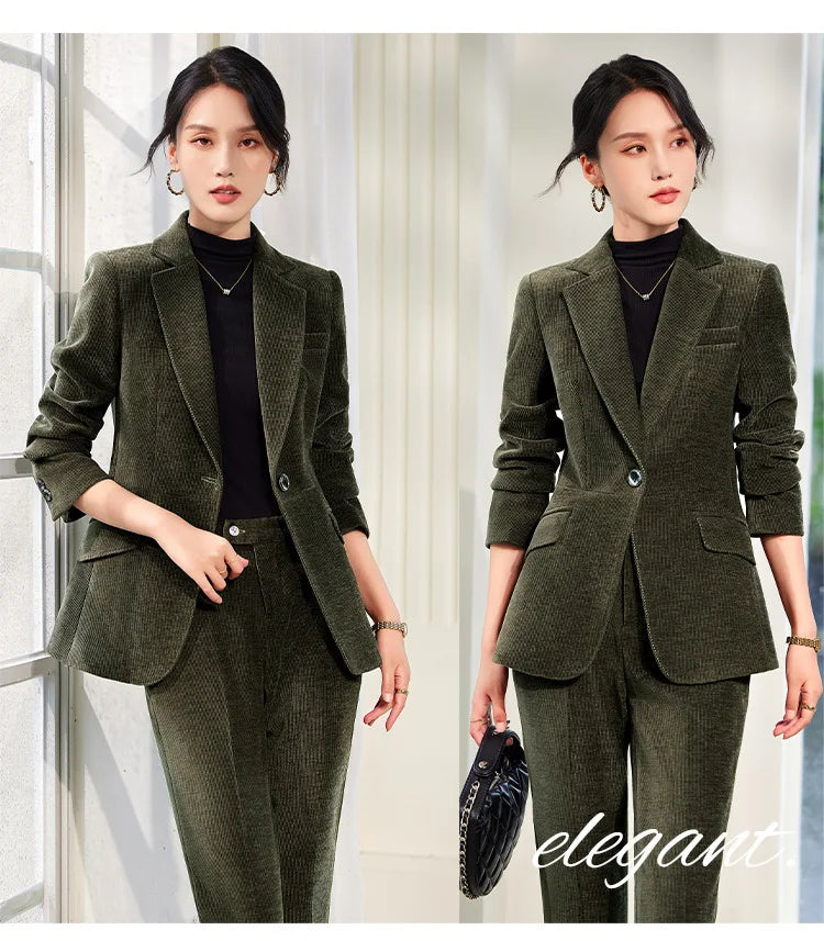 2024 Autumn New Corduroy Elegant Pant Suit Ladies Formal Business Work Wear 2 Piece Set Green Wine Jacket Blazer And Trouser