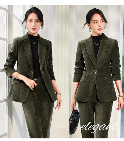 2024 Autumn New Corduroy Elegant Pant Suit Ladies Formal Business Work Wear 2 Piece Set Green Wine Jacket Blazer And Trouser