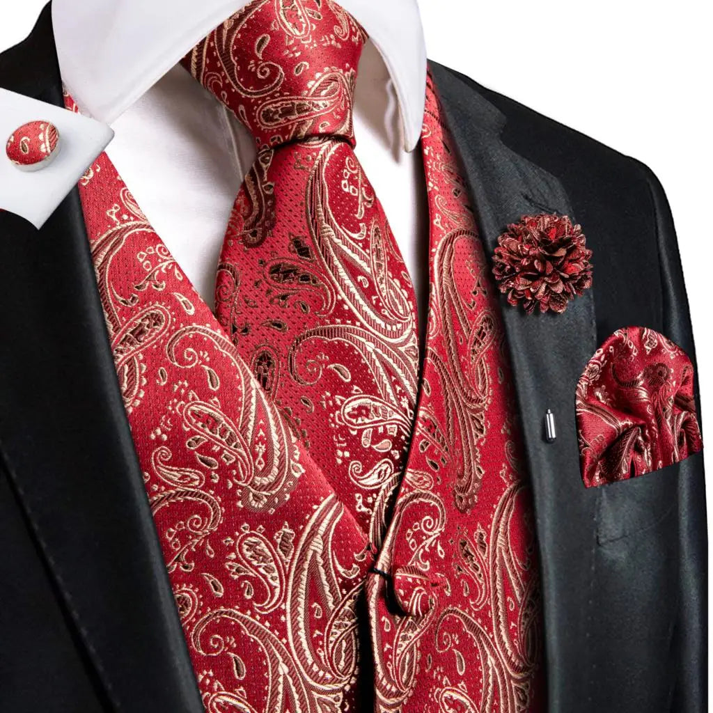 Men's Jacquard Waistcoat Suit Vest with Tie Hanky Cufflinks Brooch Set for Weddings and Business Events