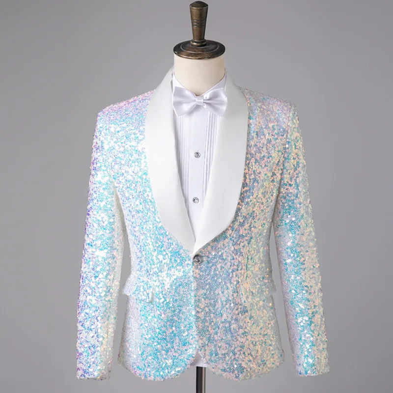 Men's Fashion Slim Fit Sequin Suit Jacket Shawl Formal Lapel Tuxedo Wedding Banquet Host Singer Nightclub Bar Stage Performance