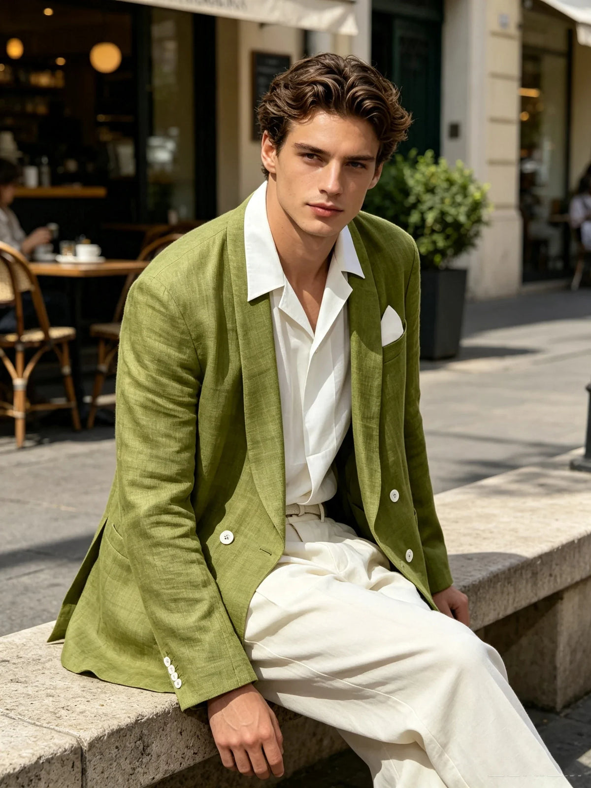 Summer Cotton Linen Blend Men Blazer Double Breasted Casual Suit Jacket Lightweight Soft Elegant Dress Coat For Prom Work Party