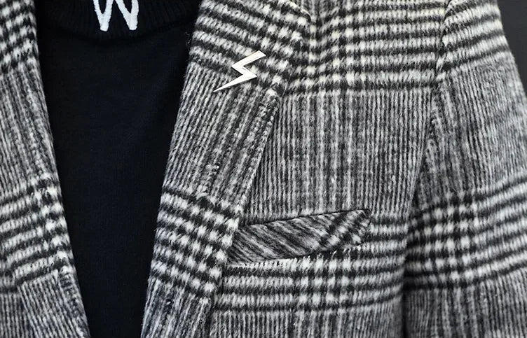 Men's Plaid Blazer Smart Casual Single Breasted Khaki Gray Autumn Office Jacket