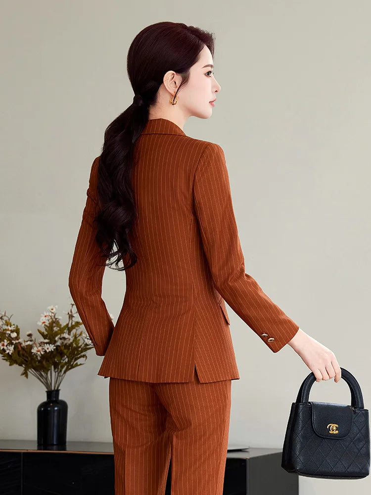 Caramel Green Striped Ladies Pant Suit 2025 Autumn Women Business Work Wear Single Button Jacket and Trouser Blazer 2 Piece Set