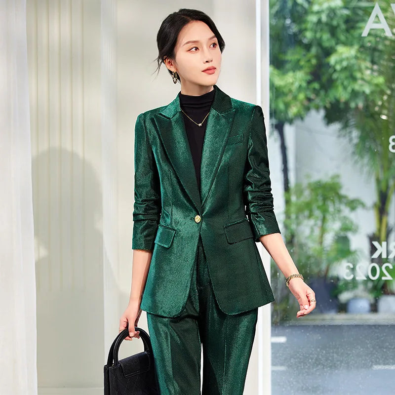 Pleuche Two Piece Sets Womens Outifits 2024 New Fashion Slim Elegant Long Sleeve Blazer Office Lady Flare Pants Suits