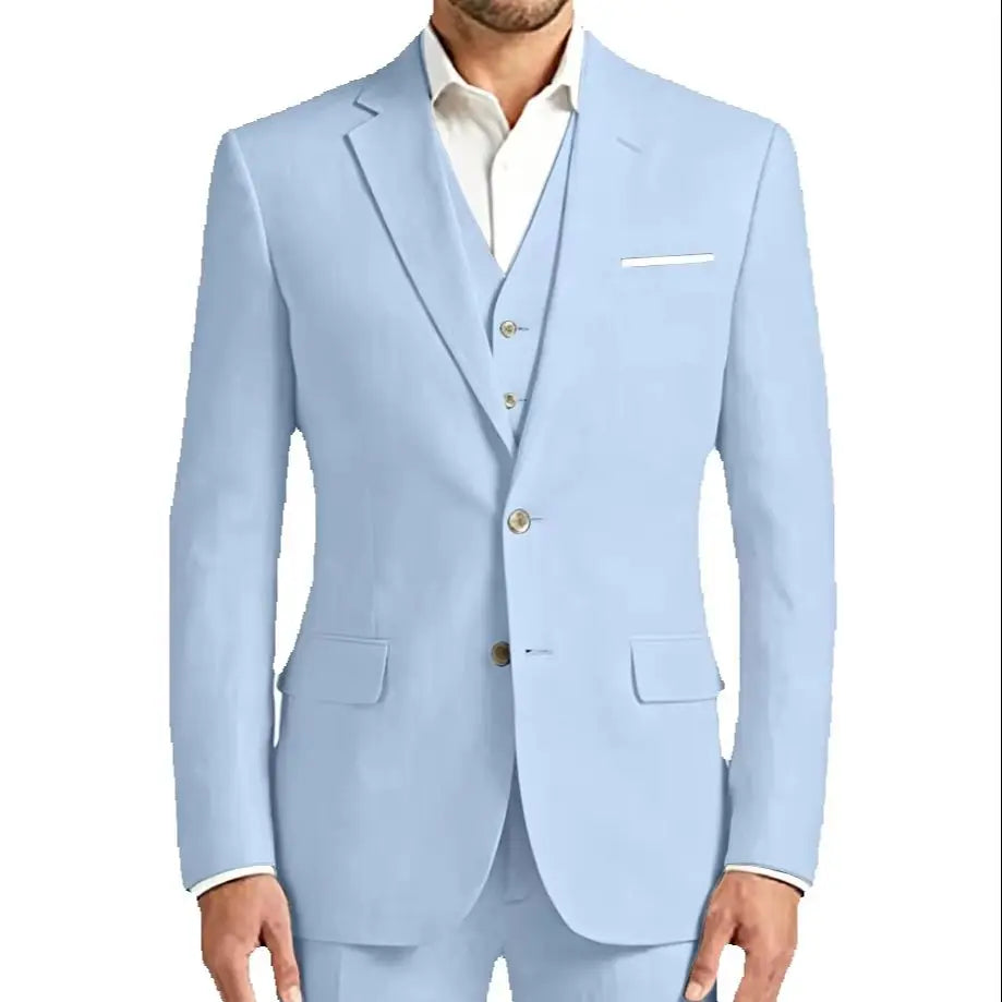 Summer White/Blue Linen Wedding Tuxedo 3 Pieces Prom Men Suits Slim Fit Groom Blazer Vest Trousers Set Beach Wedding Male Suits