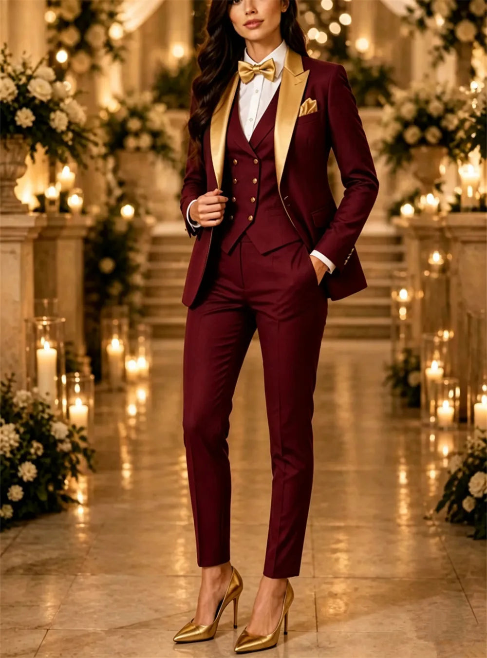New Women's Suits 3 Pcs Golden Lapel Elegant Wedding Outfits Set Business & Party Wear Outfits (Blazer+Vest+Pants) Tailor Made