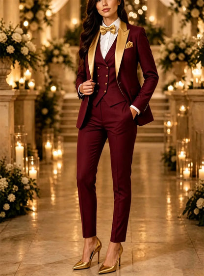 New Women's Suits 3 Pcs Golden Lapel Elegant Wedding Outfits Set Business & Party Wear Outfits (Blazer+Vest+Pants) Tailor Made