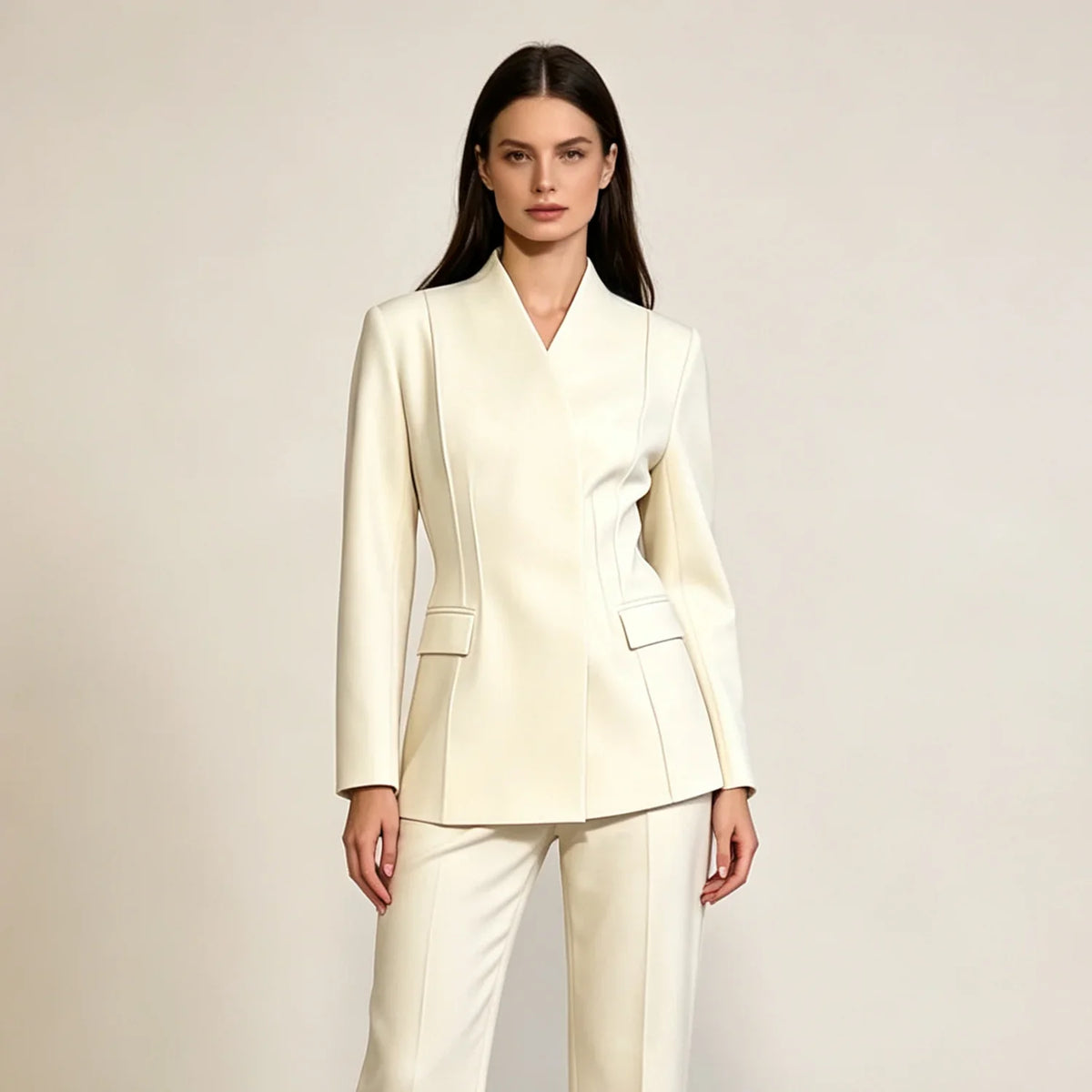 2026 New Women V Neck Blazer No Lapel Waist Shaping Suit Jacket Elegant Office Formal Outerwear 5 Colors