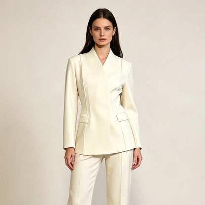 2026 New Women V Neck Blazer No Lapel Waist Shaping Suit Jacket Elegant Office Formal Outerwear 5 Colors