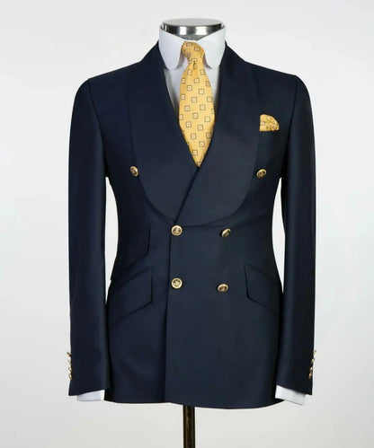 Formal Men Suit Jacket Slim Fit Navy Blue Long Sleeve Shawl Lapel Double Breasted Blazer Business One Coat Work Office Jacket