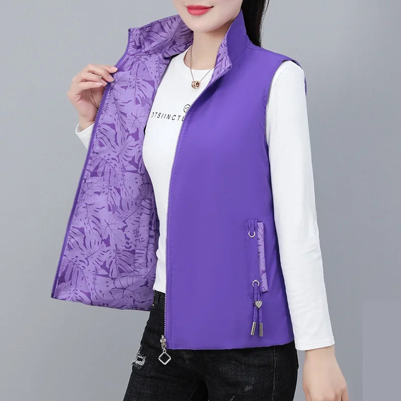 2026 Spring Autumn Women Double-sided Vest Fashion Stand Up Collar Sleeveless Jacket Female Waistcoat Casual Tops Chaleco Mujer