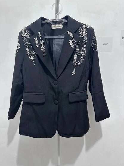Autumn New Women Stylish Blazer Heavy Craft Beaded Studded Diamonds Single Breasted Elegant Temperament Fashion Coat HK9958