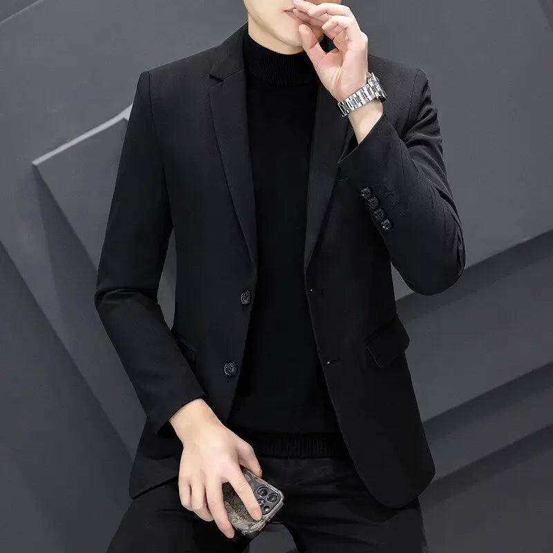 Men's Winter Cotton-Padded Thick Double-Breasted Casual Blazer Korean Style Trendy Solid Color Dark Blue Black Suit Jacket