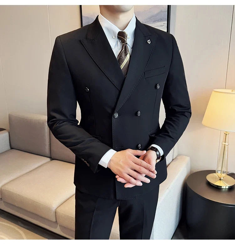 Men's Double Breasted Slim Fit Suit Set – Wedding & Smart Casual – Navy Blue, Brown, Black