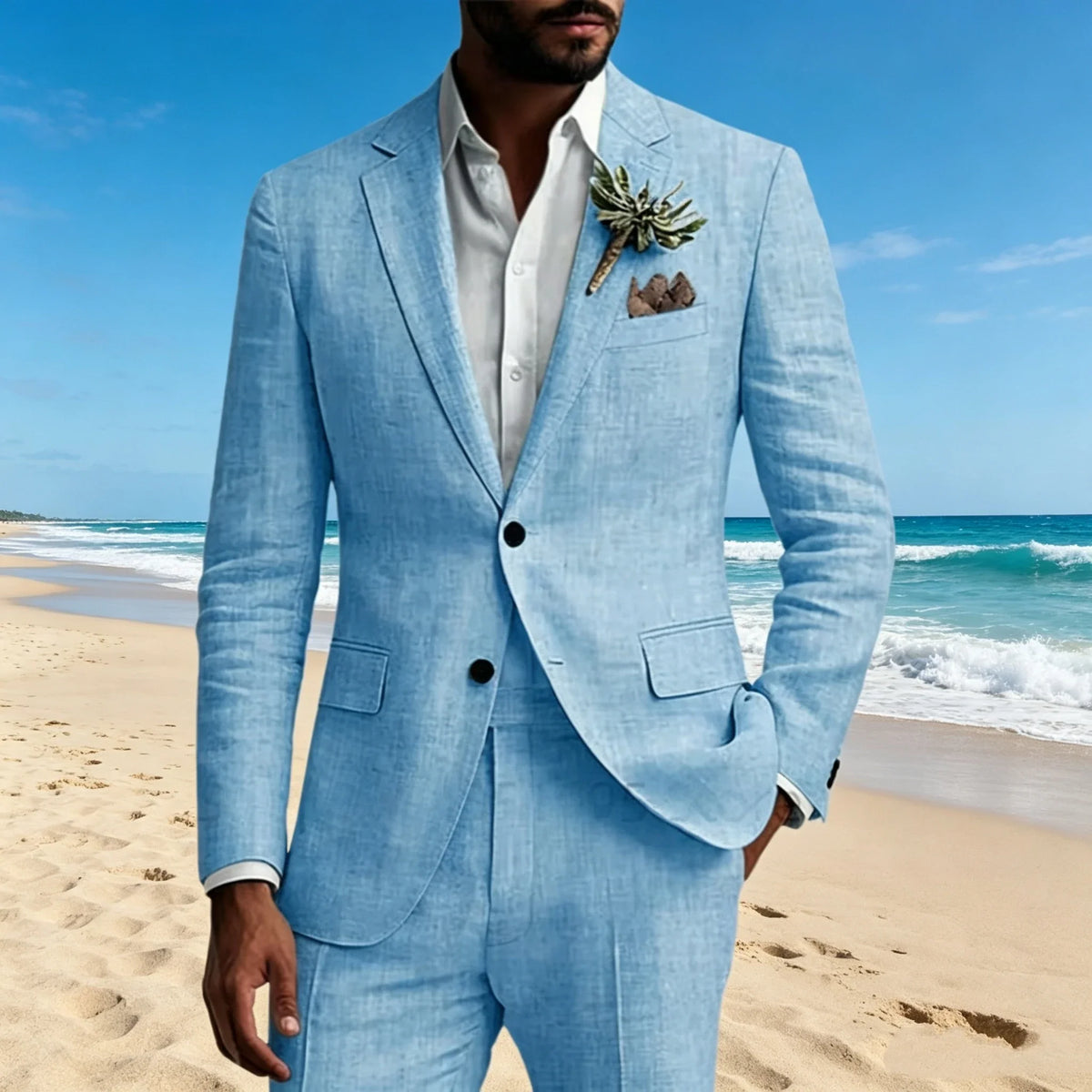Elegant Beige Linen 2 Piece Men Suits Casual Single Breasted Slim Fit Blazer Pants High Quality Summer Seabeach Wedding Suits