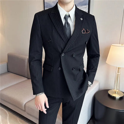 (Jacket + Vest + Pants)Three Piece Set Men Blazers Set stripe Suits Busines Casual Slim Fit Formal Dress Groom Tuxedo Wedding