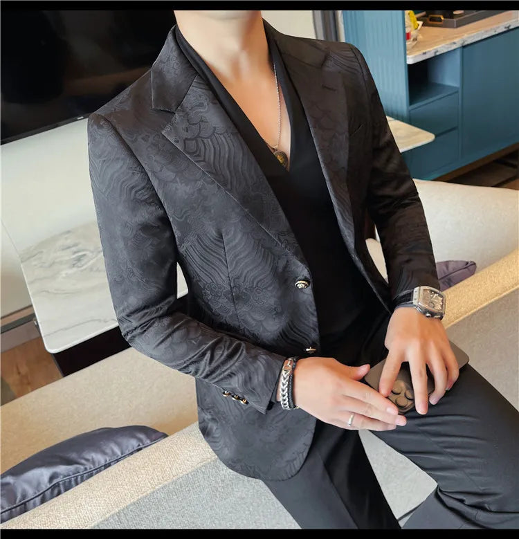 Luxury Jacquard Casual Suit Jacket for Men Autumn Korean Fashion Business Social Blazers Handsome Office Wedding Dress Jacket