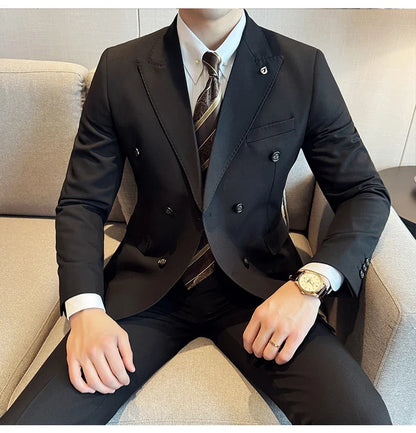 Men's Double Breasted Slim Fit Suit Set – Wedding & Smart Casual – Navy Blue, Brown, Black