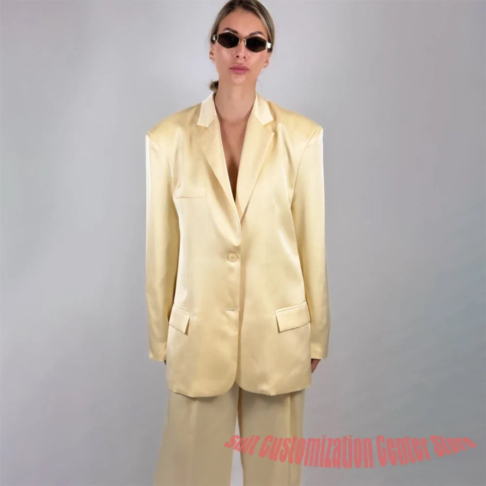Casual Women's Yellow Satin Pants Set Single Breasted Loose Fit Suit Casual Formal Outfit for Daily Wear & Evening Parties
