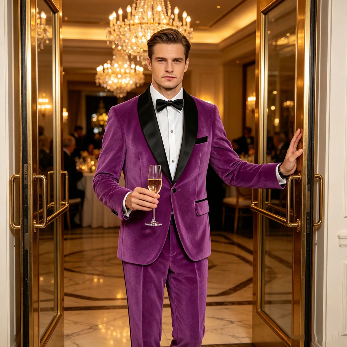 Men's Velvet 2-Piece Tuxedo Suit Satin Shawl Lapel Slim Fit Blazer & Pants for Wedding, Prom & Banquet