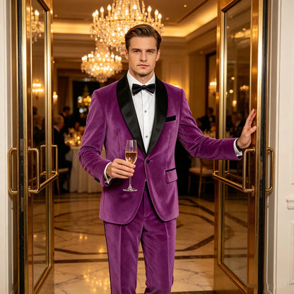 Men's Velvet 2-Piece Tuxedo Suit Satin Shawl Lapel Slim Fit Blazer & Pants for Wedding, Prom & Banquet