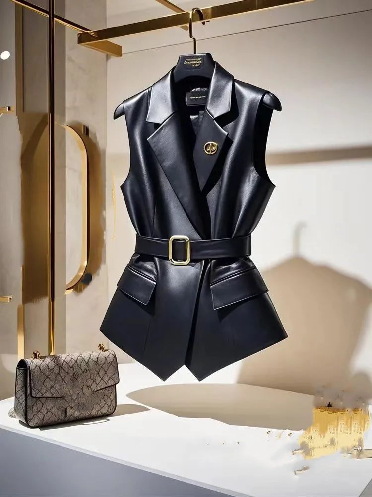 Black Jacket Summer Elegant Sleeveless Blazers Vest British Notched Leather Vest Office Lady Formal Jacket Women Coats 2026