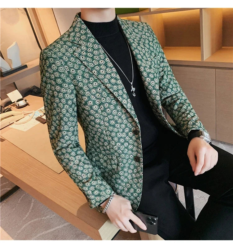 Autumn Winter Corduroy Flower Blazers Men Slim Fit Casual Suit Jacket Casual Suit Jacket Wedding Business Dress Coat Streetwear