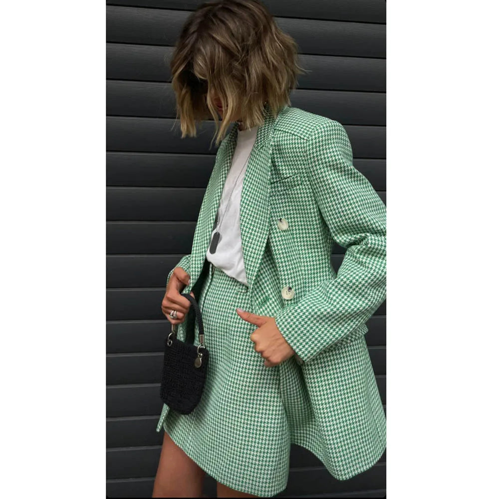 Women's Green Houndstooth Two Piece Suit Set Double Breasted Blazer and Mini Skirt Elegant Casual Fashion Outfit Ladies Suit
