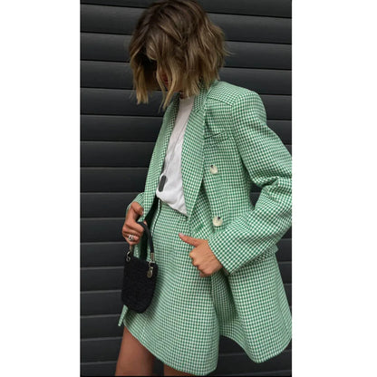 Women's Green Houndstooth Two Piece Suit Set Double Breasted Blazer and Mini Skirt Elegant Casual Fashion Outfit Ladies Suit