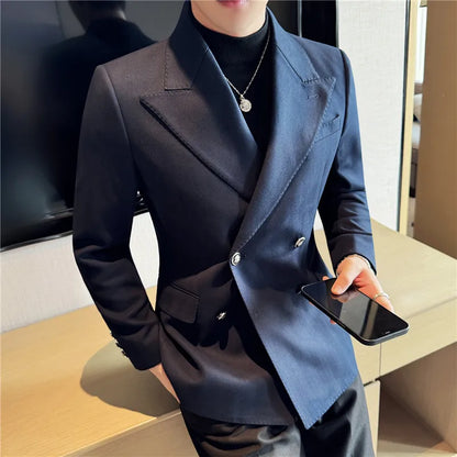 Autumn Winter Thickened Woolen Suit Jacket Men Double-breasted Casual Business Blazers Slim Fit Wedding Social Dress Coat M-4XL