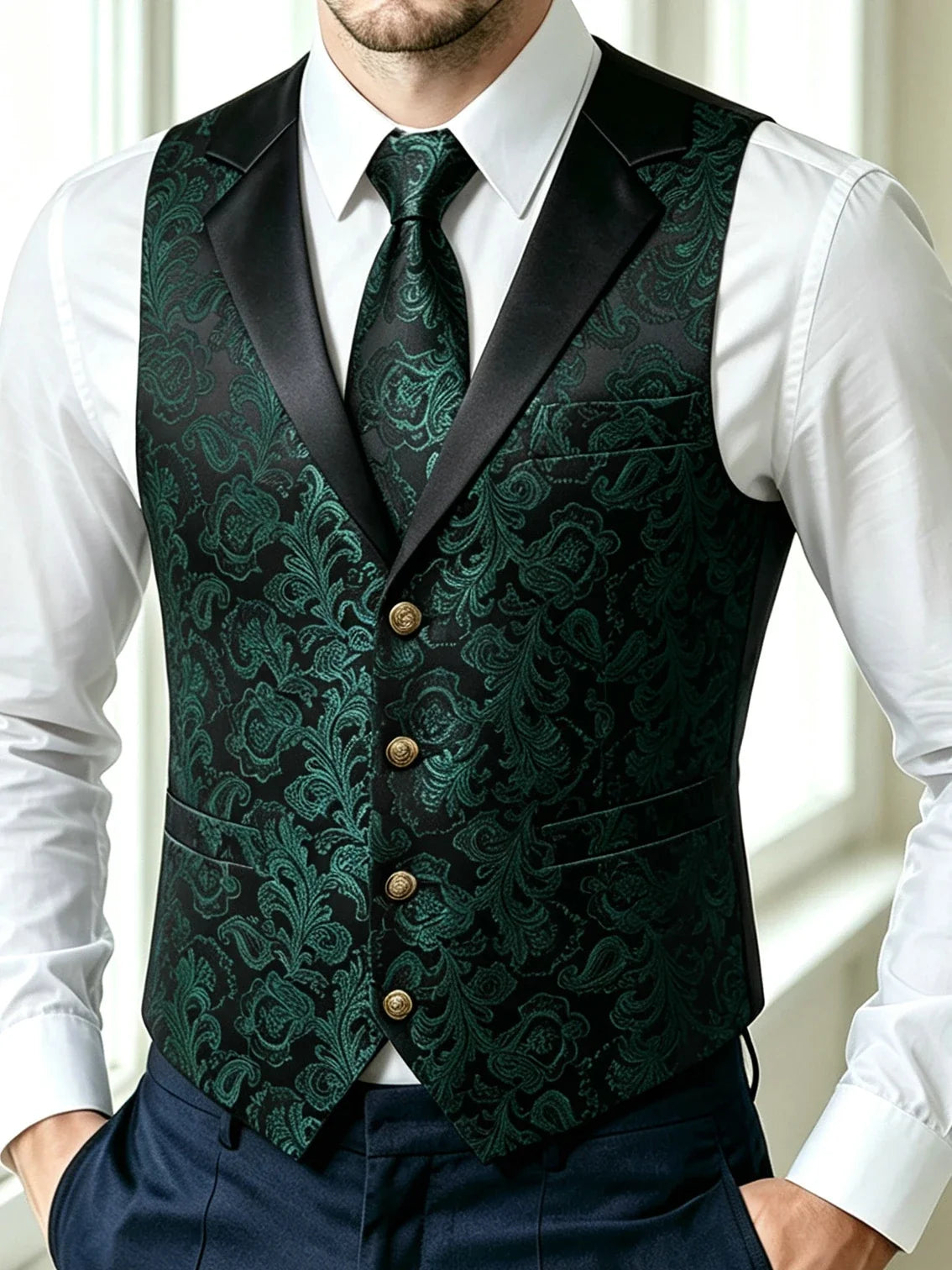 Men's Jacquard Floral Vest & Bowtie Set for Wedding & Formal Events – Yellow