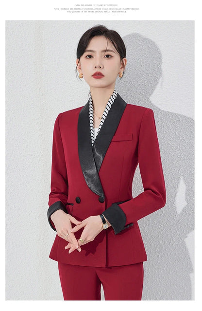Autumn New Women's Pants Suit 2 Piece Clothing Set Elegant Chic Color Block Blazer Jacket and Trousers Sets Red Formal Work