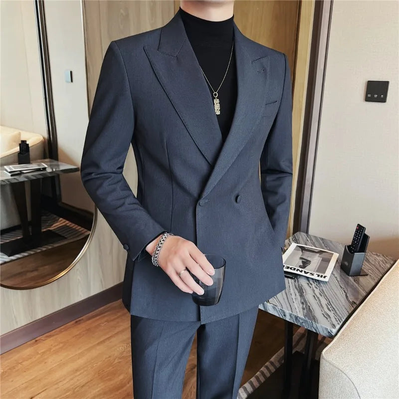 2026 Autumn Double Breasted Men's Slim Fit Business Blazers High-quality Casual Suit Jacket Groom's Wedding Suit Men Clothing