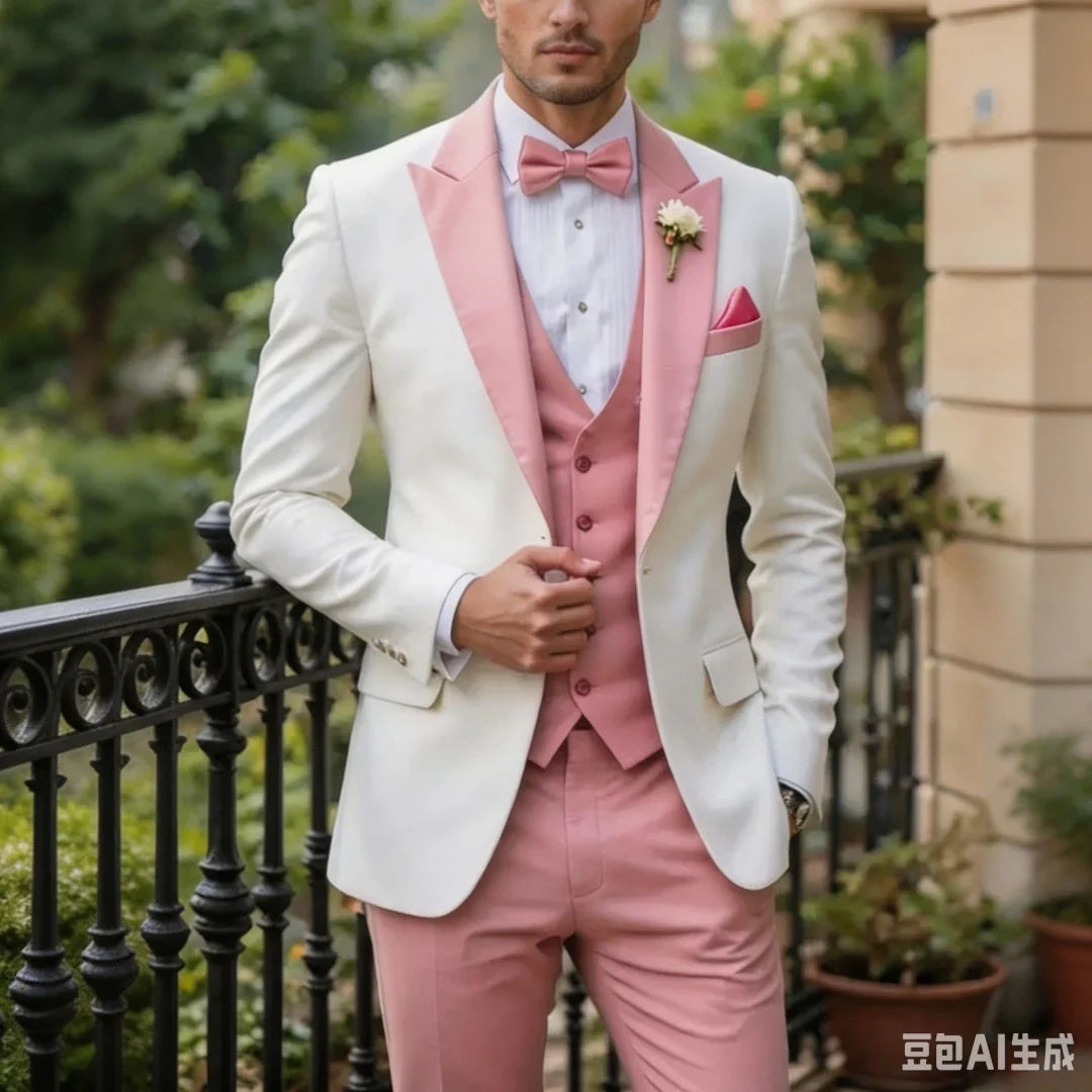 Men Suit Cream 3 Pieces Single Button With Lapel For Wedding Birthday Banquet Party Business Work Office Jacket Vest Pants