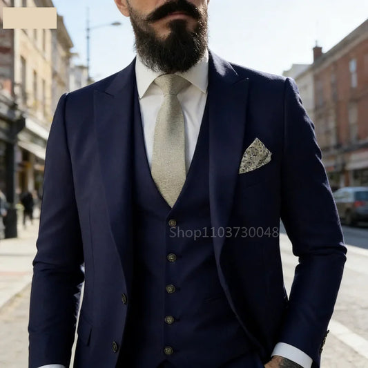 High-Quality Blue Real 3-Piece Suit for Men Slim Fit Formal Office Casual Wear Daily Fashion Party