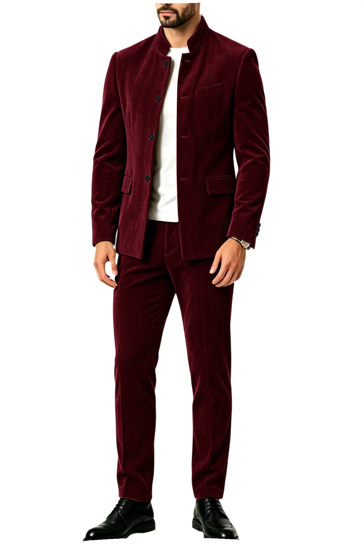 Men's Corduroy 2-Piece Suit – Mandarin Collar Single Breasted Blazer & Pants for Business & Formal Occasions