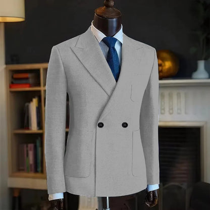 Classic Men Linen Blend Suit Blazer Double Breasted Peak Lapel Man Formal Jacket  Business Slim Fit Lightweight Coat For Wedding