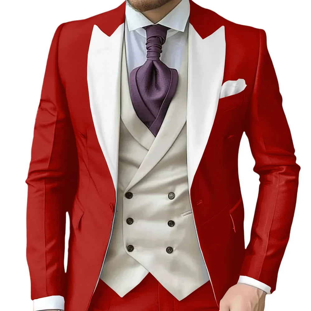 Fashionable Contrast Color Men's Suits 3 Pieces Jacket Vest Pants Dancing Sets Handsome Peak  Lapel Suit Set For Men Party Wear