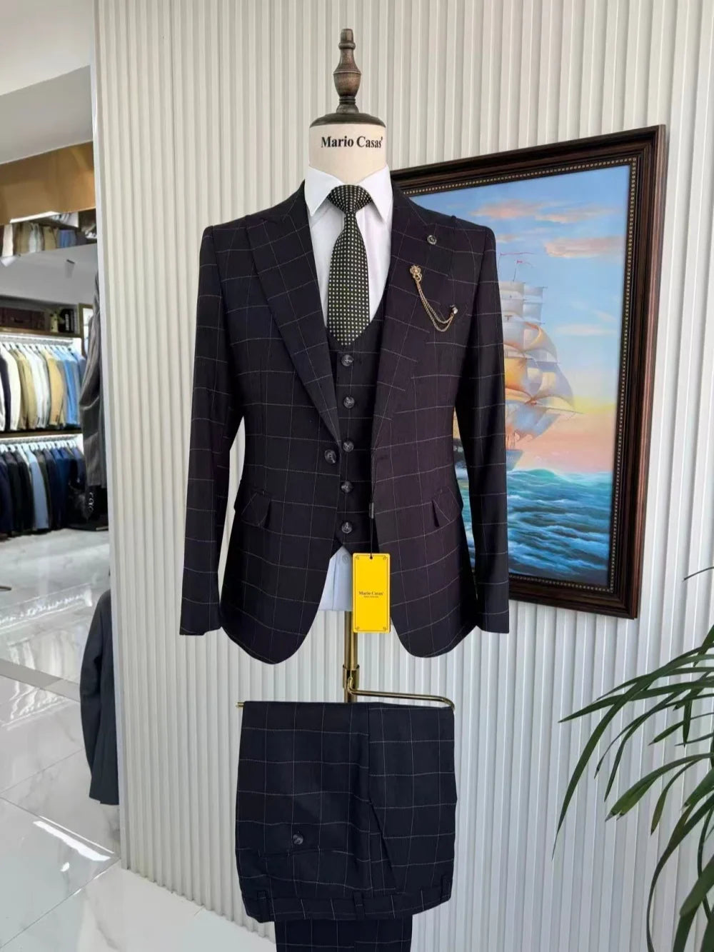 Classic Plaid Suit Set 3 Pieces For Men Business Party Man Long Sleeved Slim Fit Tuxedo Office Wear High Quality Suits On Sale