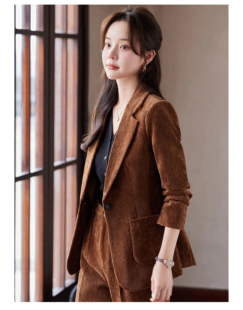 2024 Autumn New Corduroy Elegant Pant Suit Ladies Formal Business Work Wear 2 Piece Set Black Coffee Jacket Blazer And Trouser