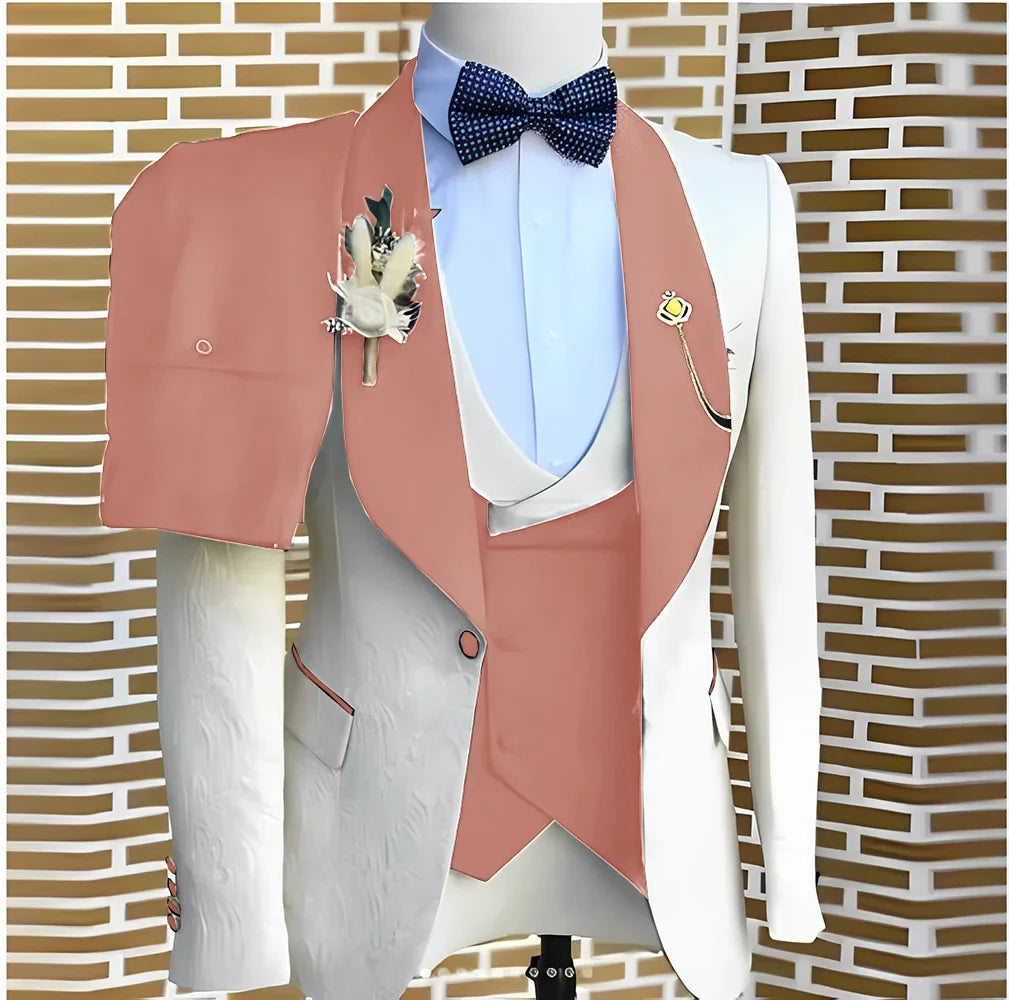White Jacquard Elegant suits Men For Wedding Formal Jacket Vest Pants 3 Pieces Groomsman Tuxedos Tailored Male Fashion Clothing