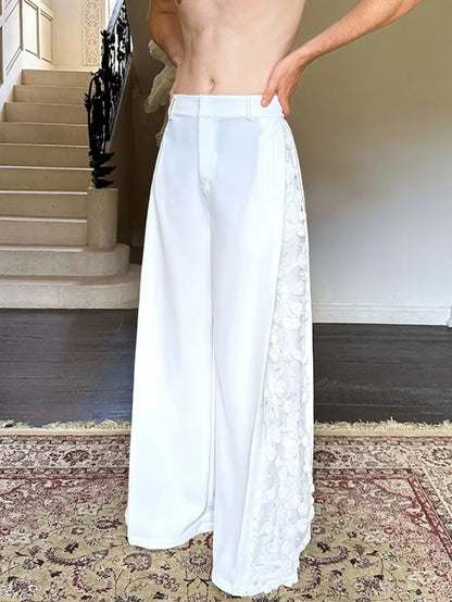 Mens Spliced Flowers Suit Jacket Wide Leg Pants Two Piece Set Loose Fit Spring Summer Designer Elegant Fashion Banquet Suits Set