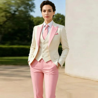 Ivory And Pink Formal Business Women Suit Wedding Party Prom Mother Girl Tuxedos Costume 3 Piece Set Blazer Vest Pants