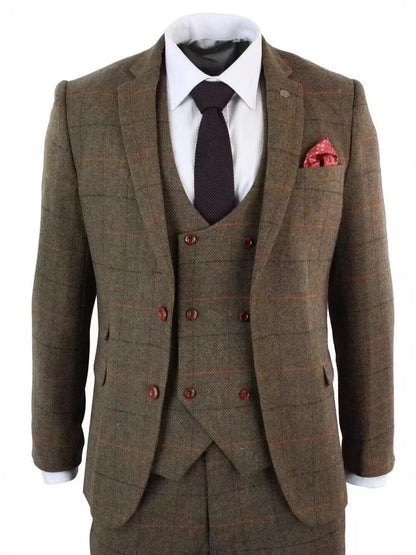 Élégant ensemble de costumes pour hommes 3 pièces à carreaux marron en laine à chevrons pour mariage, bureau, smoking, formel, affaires - Veste Gilet Pantalon