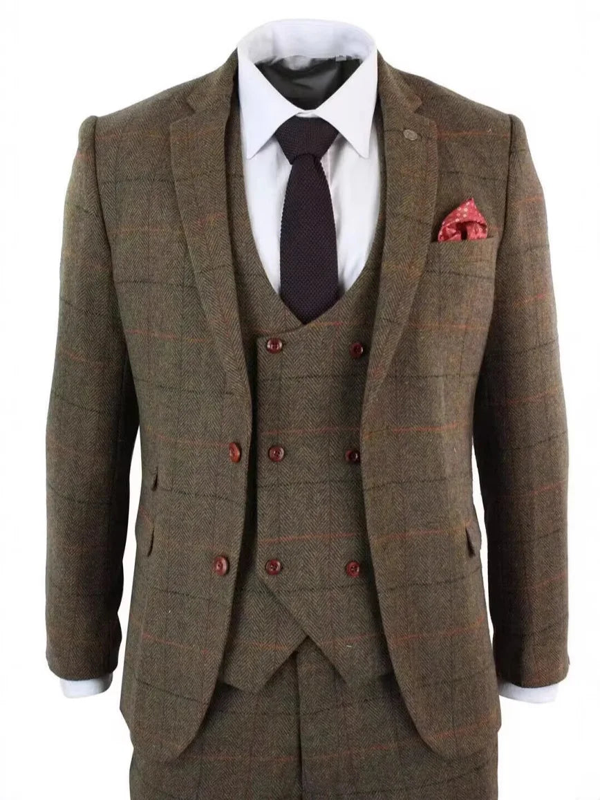 Élégant ensemble de costumes pour hommes 3 pièces à carreaux marron en laine à chevrons pour mariage, bureau, smoking, formel, affaires - Veste Gilet Pantalon