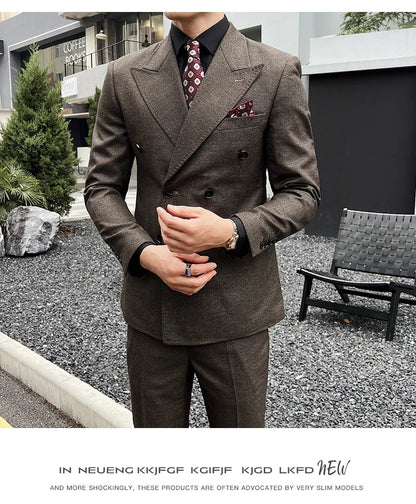Men Vintage Luxury Double Breasted Slim Fit Lapel Evening Gown ltalian Style Fashion High-end Groom Wedding Party Tuxedo 2 Piece